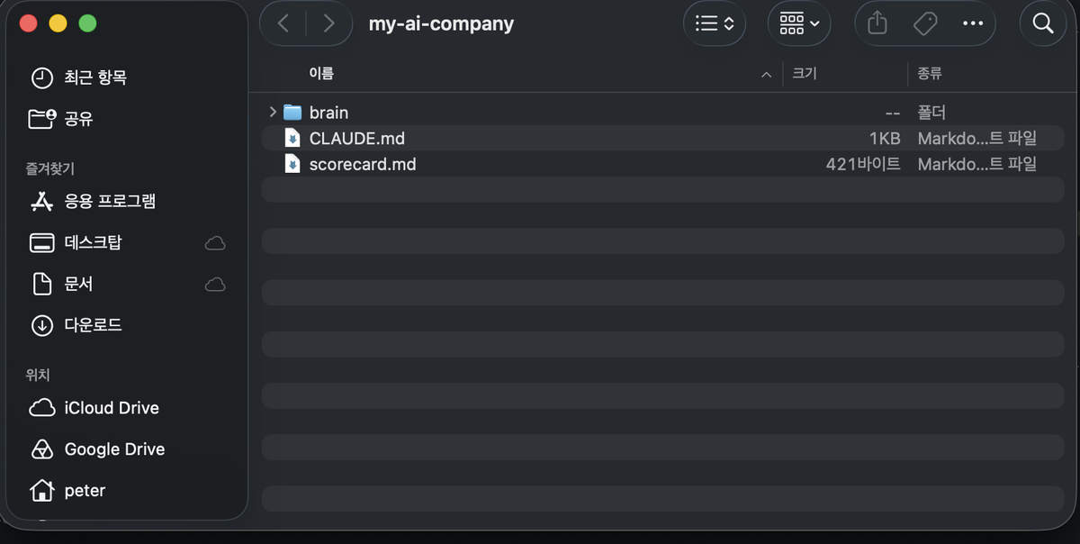 my-ai-company 폴더를 파인더로 연 화면 — brain 폴더와 CLAUDE.md, scorecard.md 세 항목이 목록에 보인다